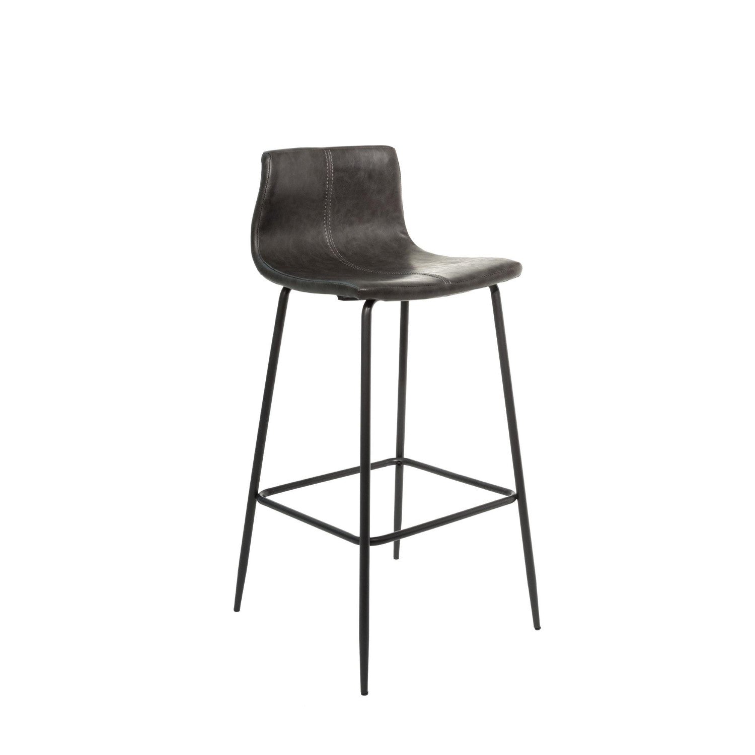 Modern Grey Vegan Leather Bar Stool with Curved Seat and Black Steel Frame