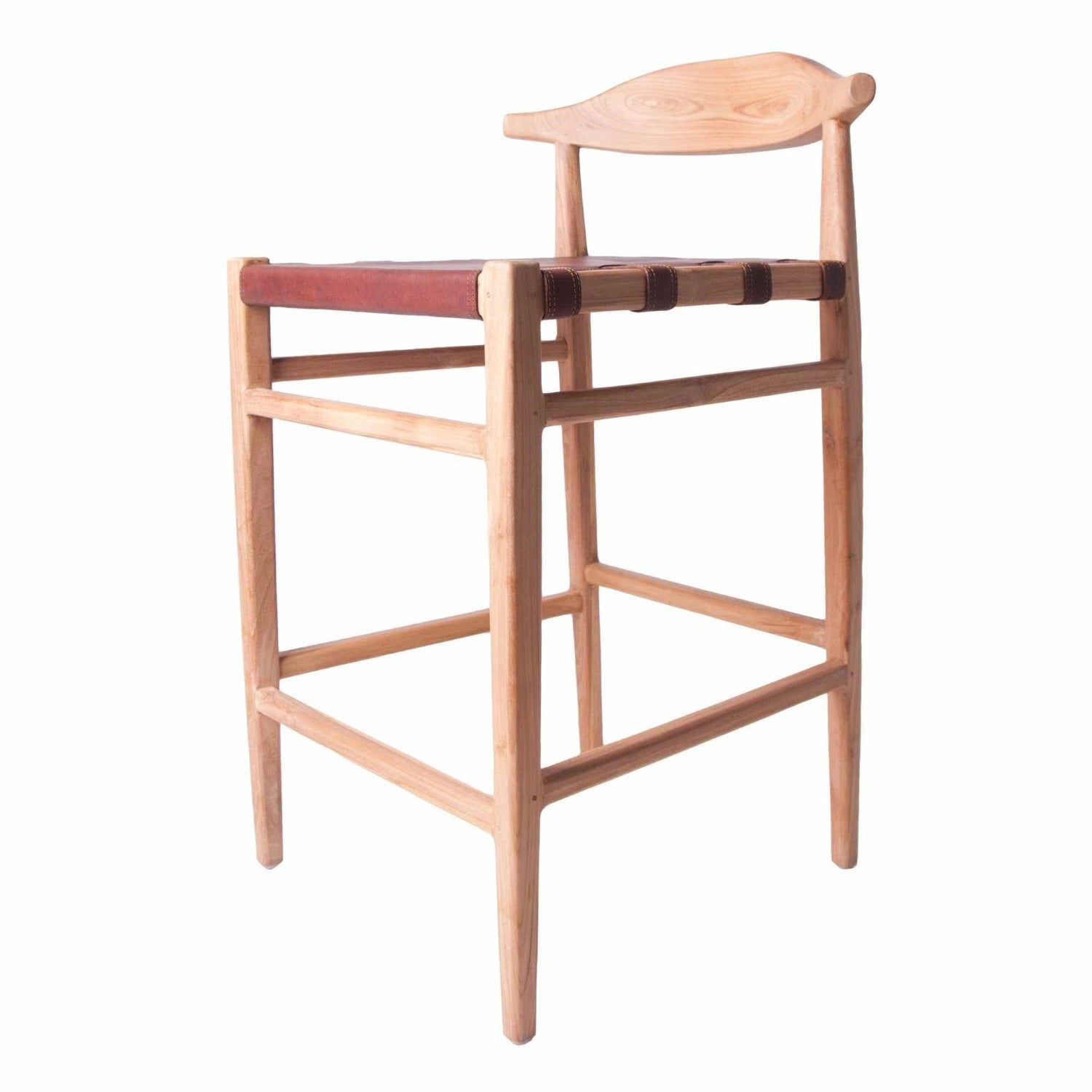 Modern Leather and Teak Bar Stool with Curved Backrest