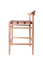 Modern Leather and Teak Bar Stool with Curved Backrest - Home Furniture Interiors