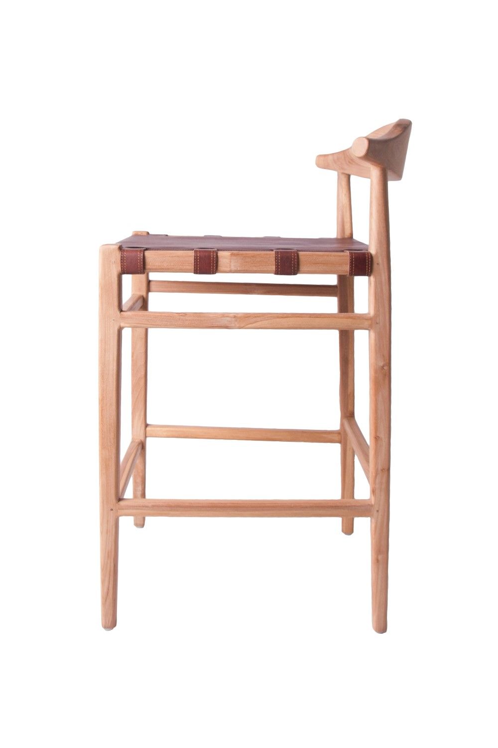 Modern Leather and Teak Bar Stool with Curved Backrest - Home Furniture Interiors