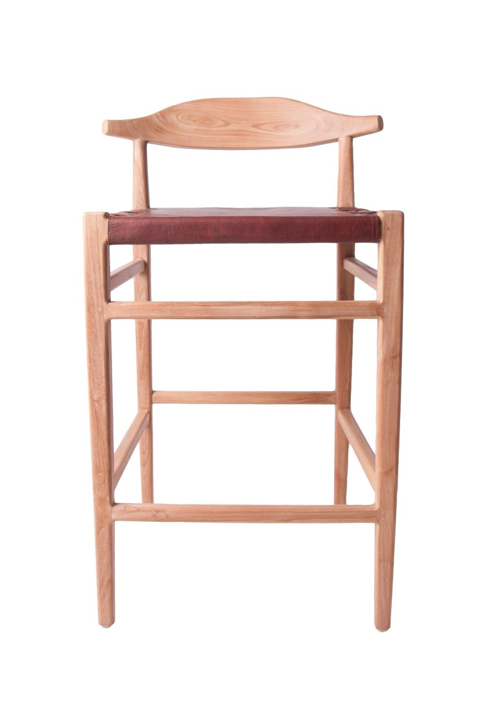 Modern Leather and Teak Bar Stool with Curved Backrest - Home Furniture Interiors