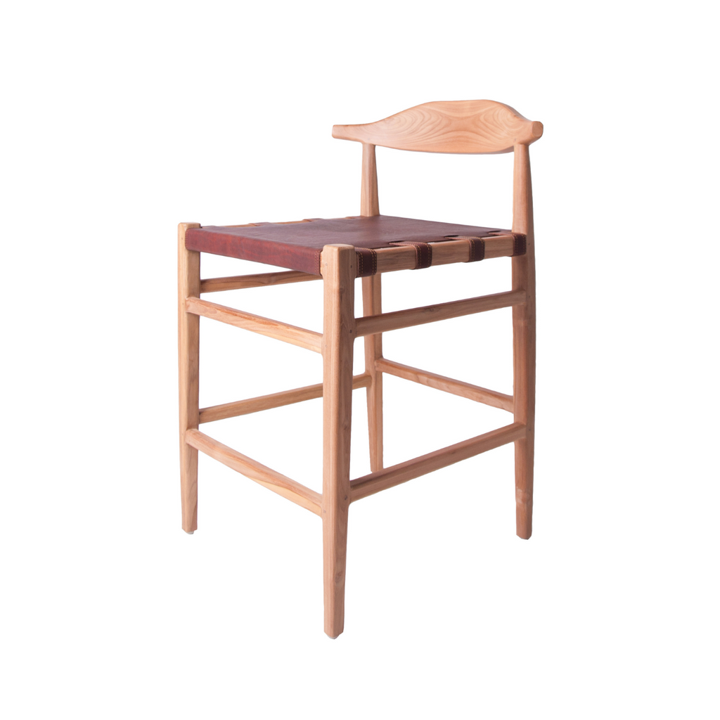 Modern Leather and Teak Counter Stool with Curved Backrest