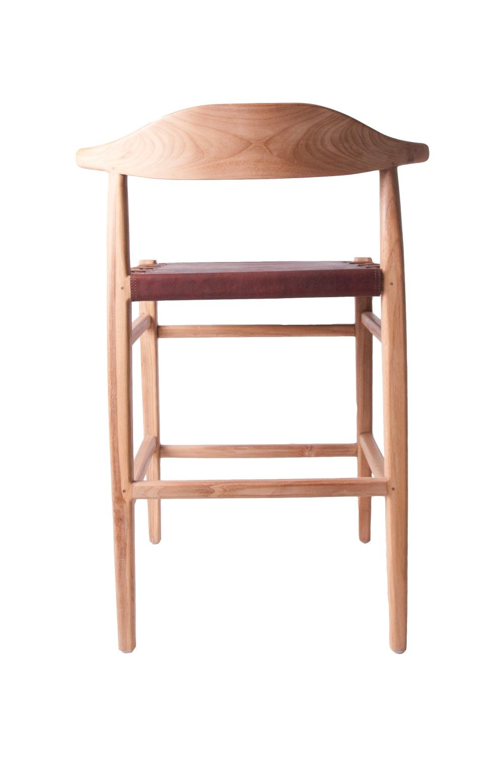 Modern Leather and Teak Counter Stool with Curved Backrest - Home Furniture Interiors
