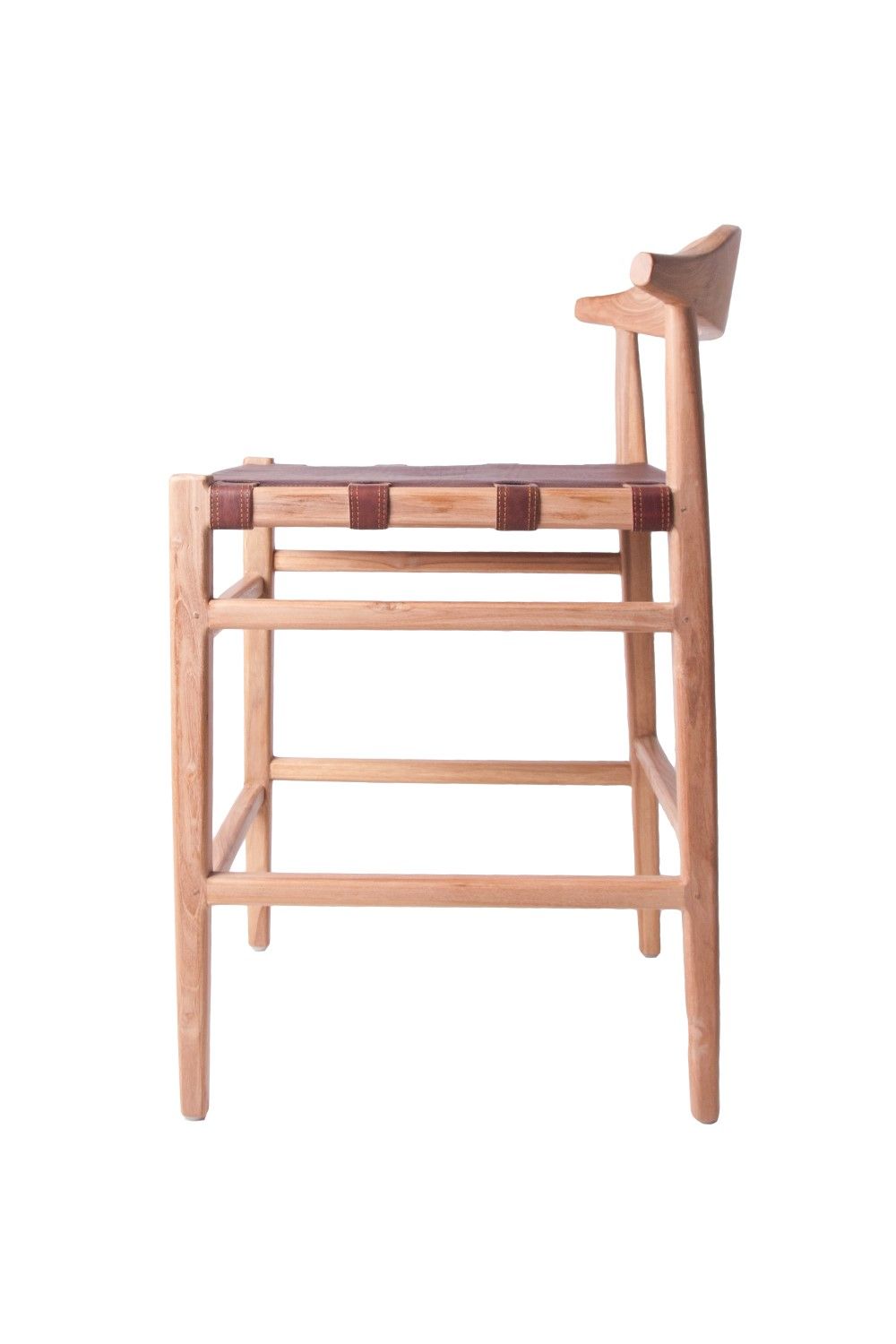 Modern Leather and Teak Counter Stool with Curved Backrest - Home Furniture Interiors