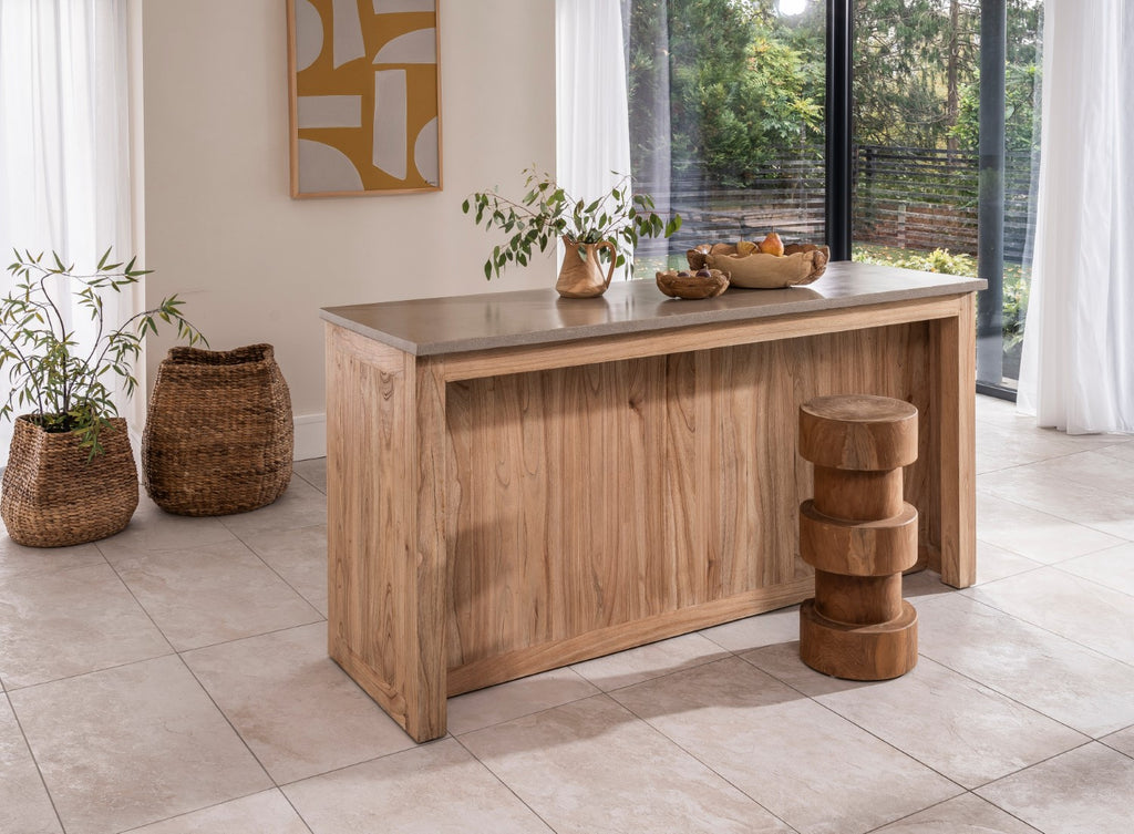 Natural Teak Wood Chess Style Bar Stool with Sculpted Stacked Base - Home Furniture Interiors