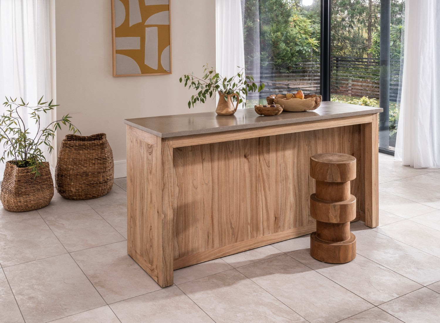 Natural Teak Wood Chess Style Bar Stool with Sculpted Stacked Base - Home Furniture Interiors