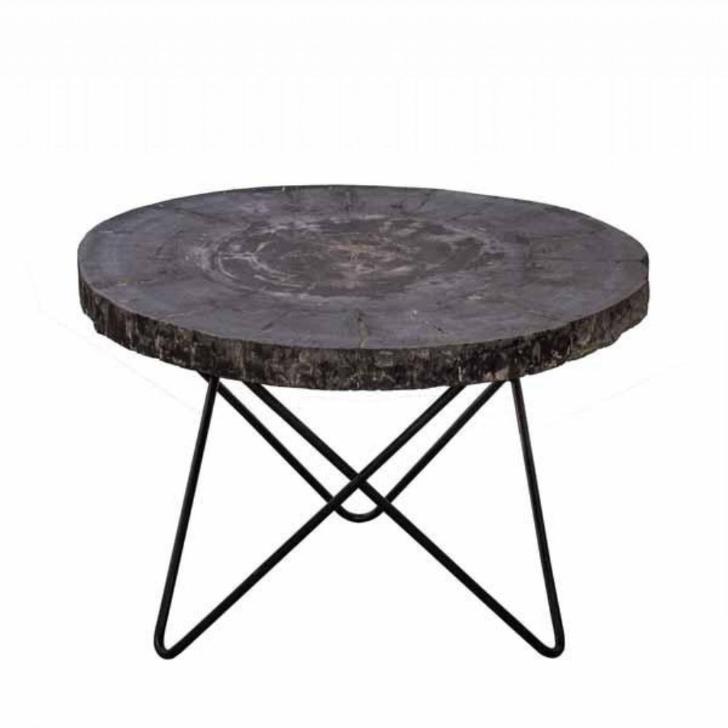 Black Wood Round Coffee Table with Natural Steel Base