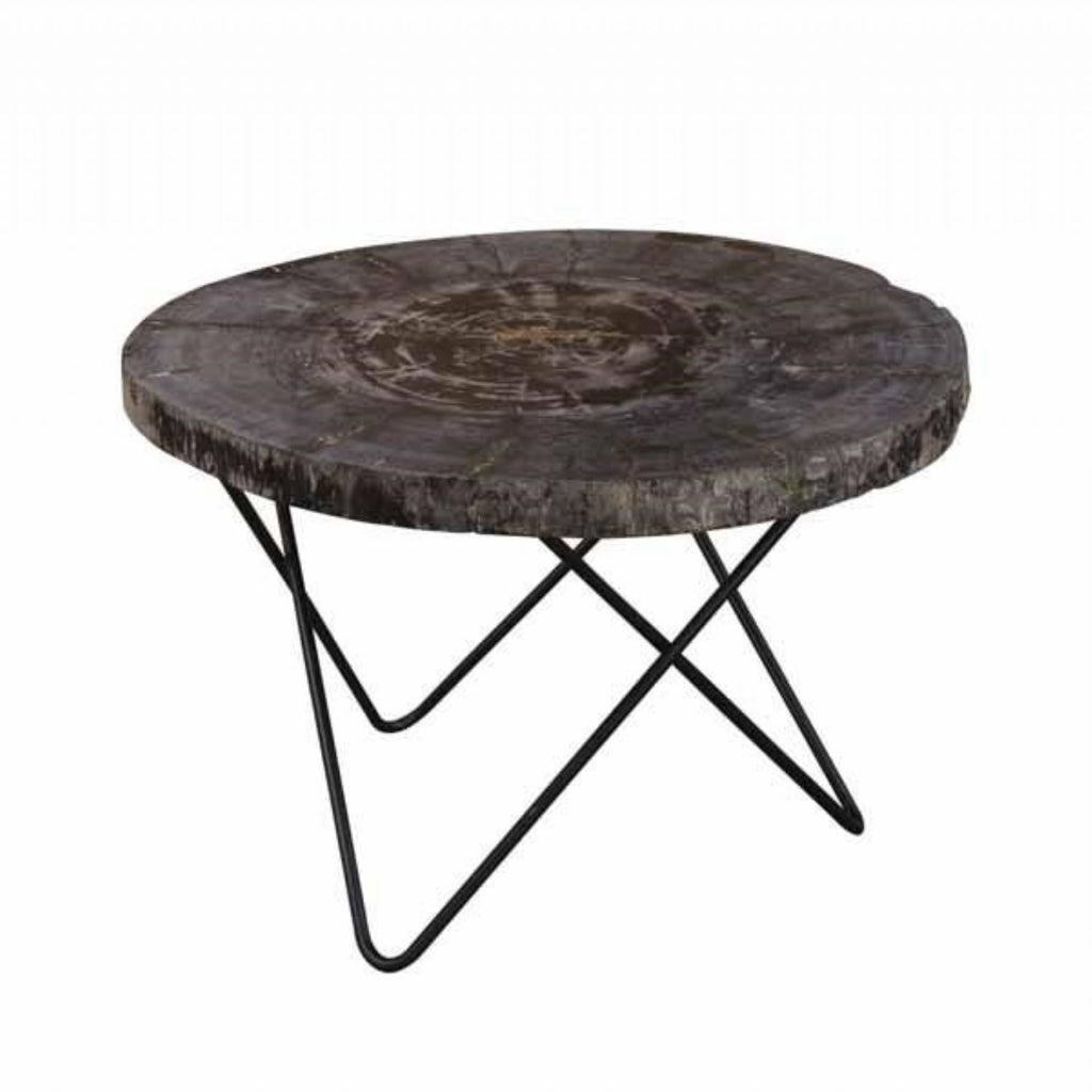 Black Wood Round Coffee Table with Natural Steel Base - Home Furniture Interiors