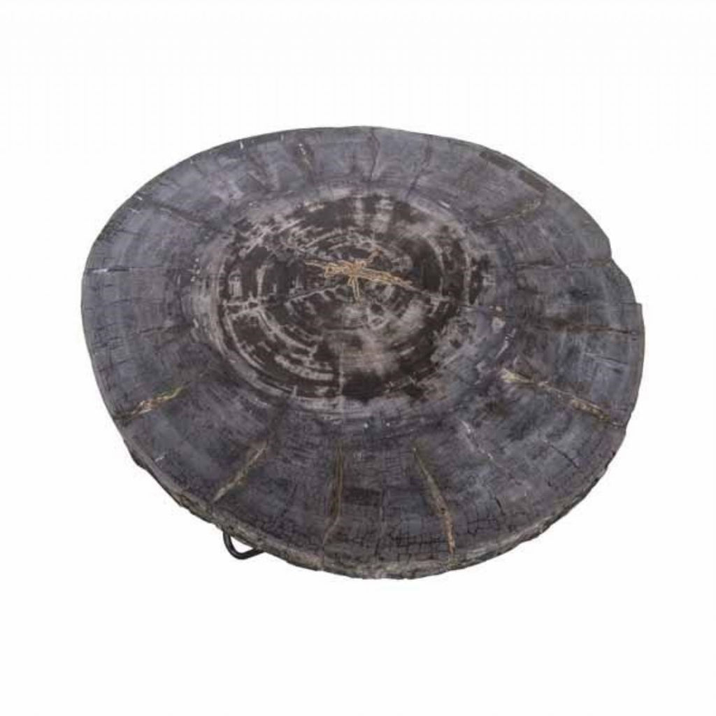 Black Wood Round Coffee Table with Natural Steel Base - Home Furniture Interiors