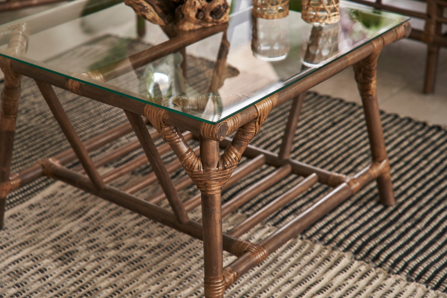 Boho Chic Square Brown Bamboo and Glass Top Coffee Table with Shelf
