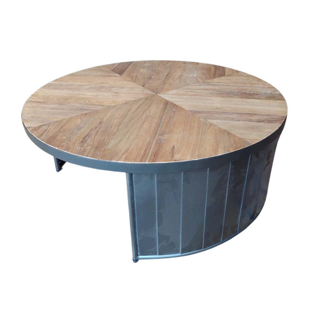 Industrial Round Rustic Village Wood Coffee Table with Pleated Metal Base - Home Furniture Interiors