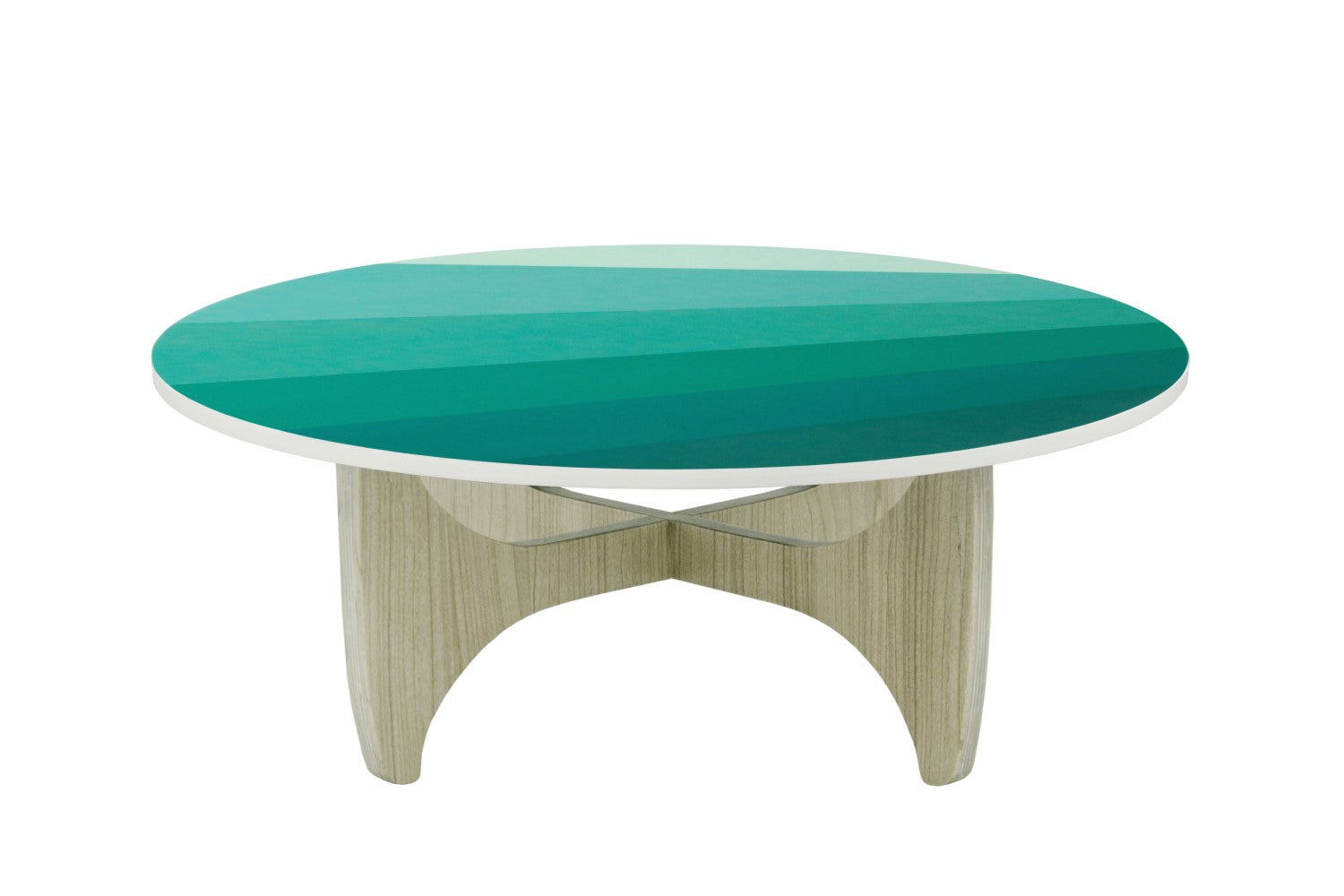 Contemporary Blue Round Resin Top Batwing Coffee Table with Wooden Base