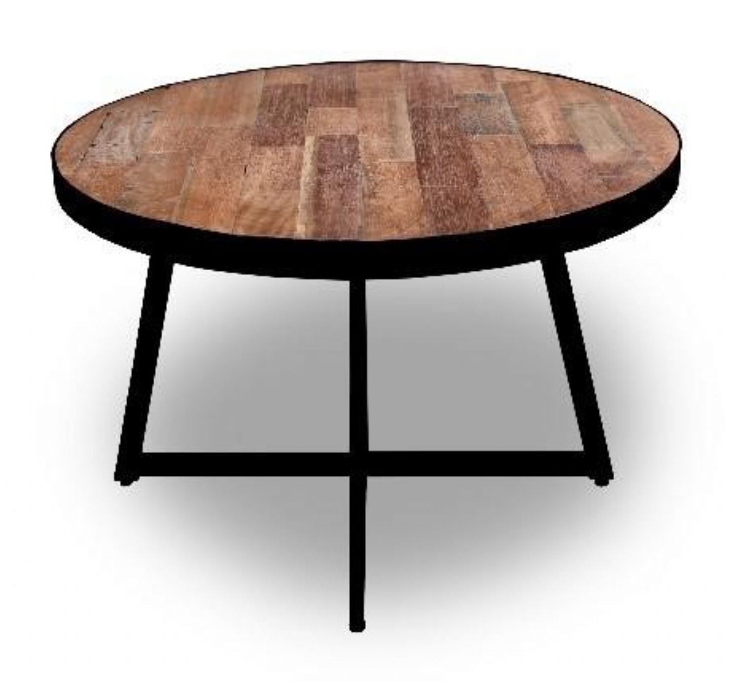 Modern Natural Wood and Black Round Coffee Table with Steel Base
