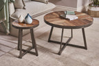 Modern Natural Wood and Black Round Coffee Table with Steel Base - Home Furniture Interiors