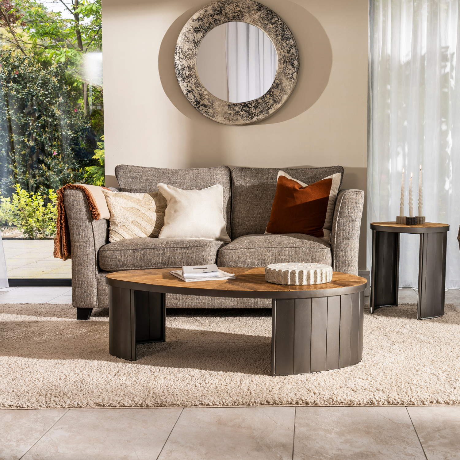 Modern Oval Recycled Wood Coffee Table with Pleated Metal Base - Home Furniture Interiors