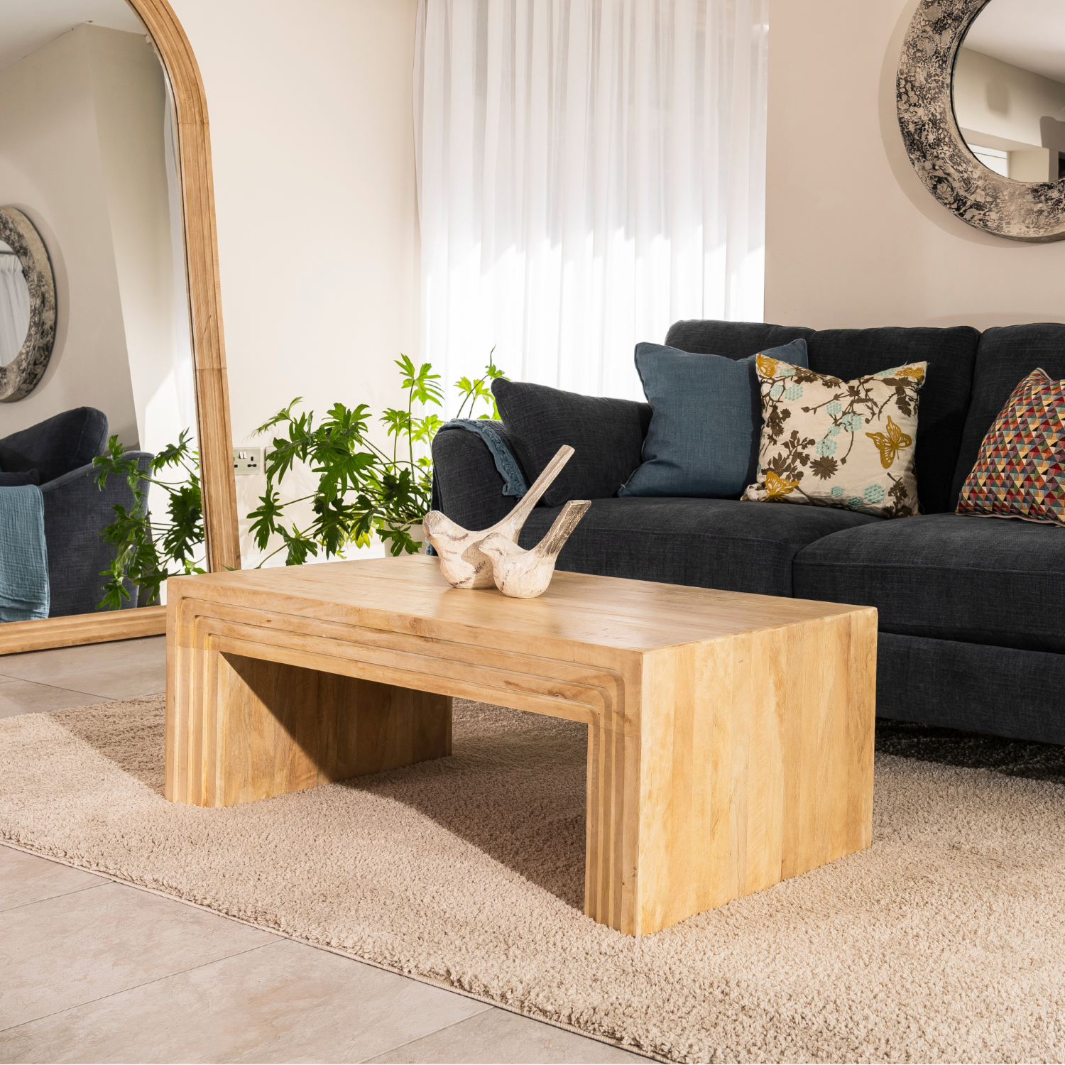 Modern Rectangular Mango Wood Sculpted Coffee Table