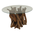 Modern Round Teak Root Coffee Table with Tempered Glass Top