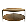 Modern Round Mango Wood Coffee Table with Gunmetal Frame and Display Shelf