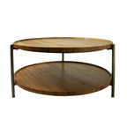 Modern Round Mango Wood Coffee Table with Gunmetal Frame and Display Shelf