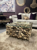 Modern Square Driftwood Clear Glass Top Coffee Table with Sculptural Base