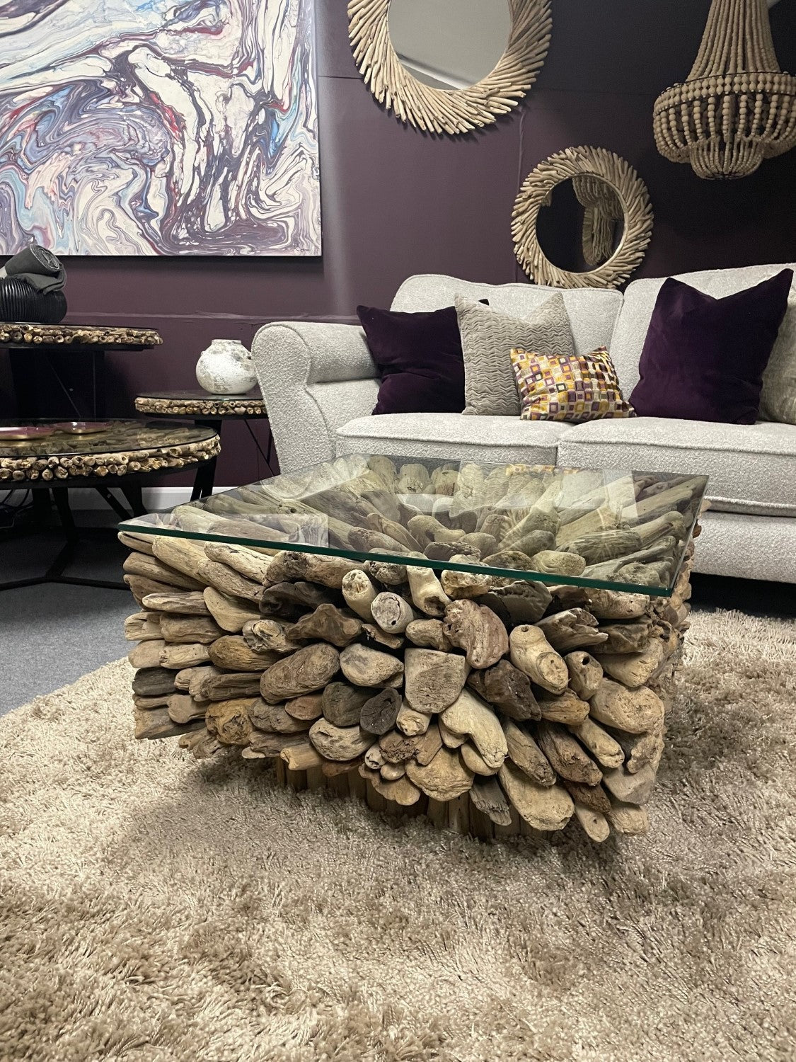 Modern Square Driftwood Clear Glass Top Coffee Table with Sculptural Base