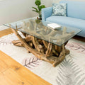 Natural Teak Root Rectangular Coffee Table with Tempered Glass Top