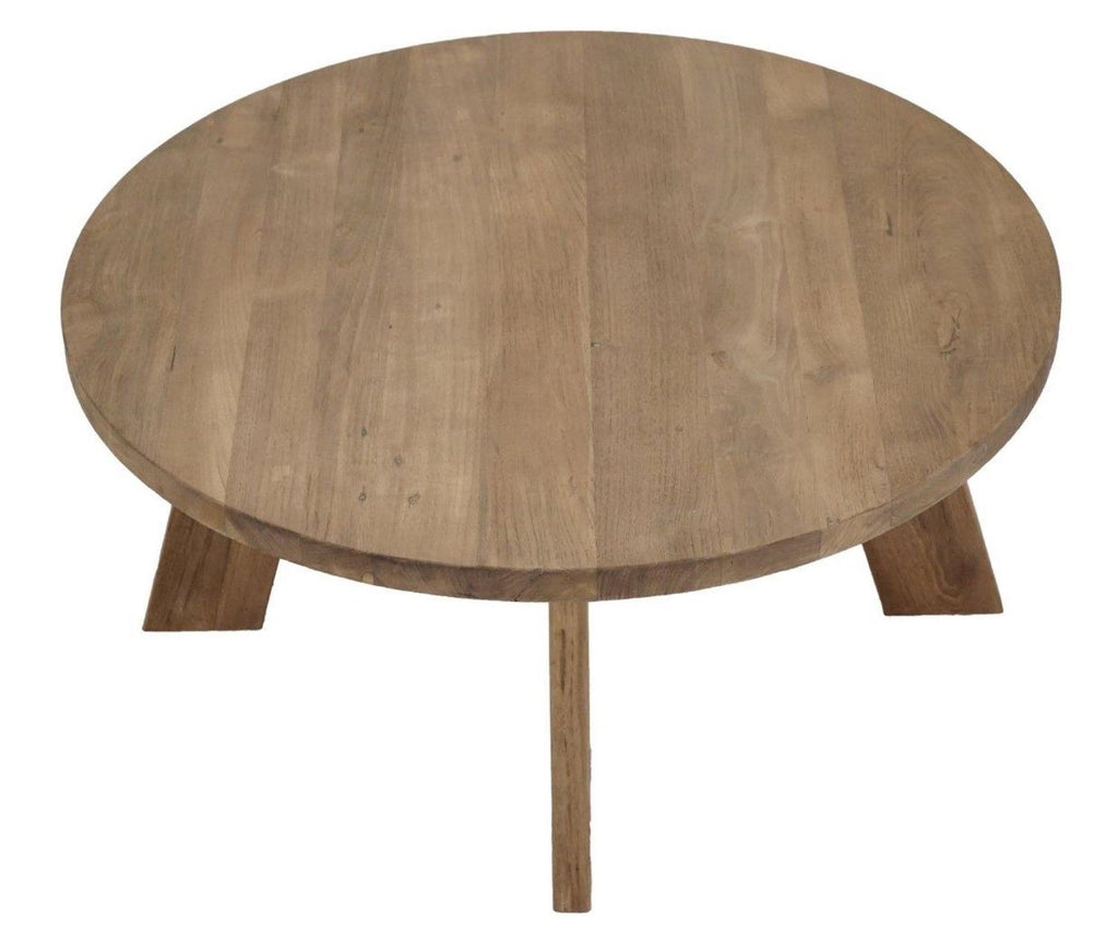 Natural Teak Round Coffee Table with Chunky Angled Legs - Home Furniture Interiors
