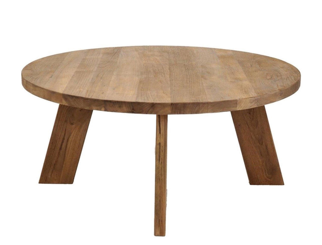 Natural Teak Round Coffee Table with Chunky Angled Legs - Home Furniture Interiors