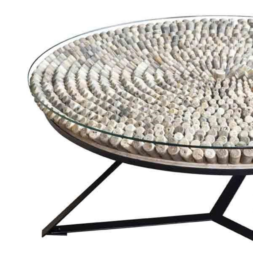 Round Driftwood Mosaic Coffee Table with Tempered Glass Top - Home Furniture Interiors