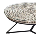 Round Driftwood Mosaic Coffee Table with Tempered Glass Top - Home Furniture Interiors