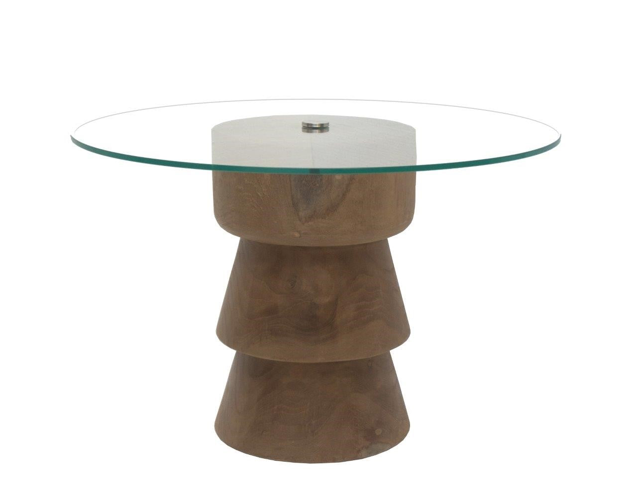 Round Teak Wood Clear Glass Top Coffee Table with Sculpted Base