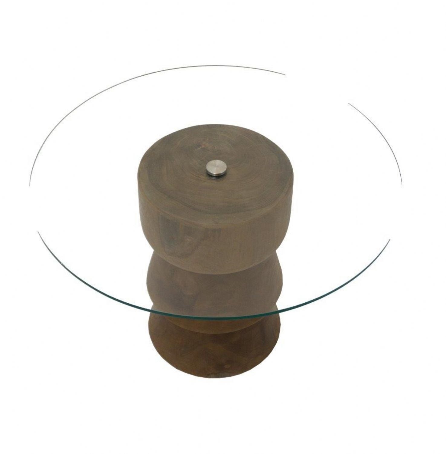 Round Teak Wood Clear Glass Top Coffee Table with Sculpted Base - Home Furniture Interiors