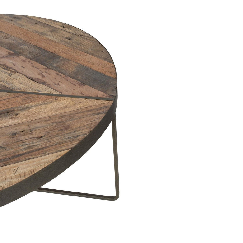 Rustic Large Round Boatwood Coffee Table with Metal Base - Home Furniture Interiors