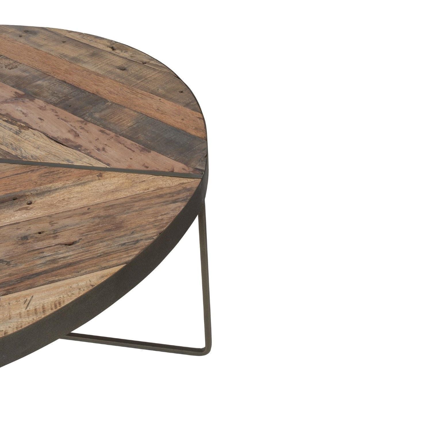 Rustic Large Round Boatwood Coffee Table with Metal Base - Home Furniture Interiors