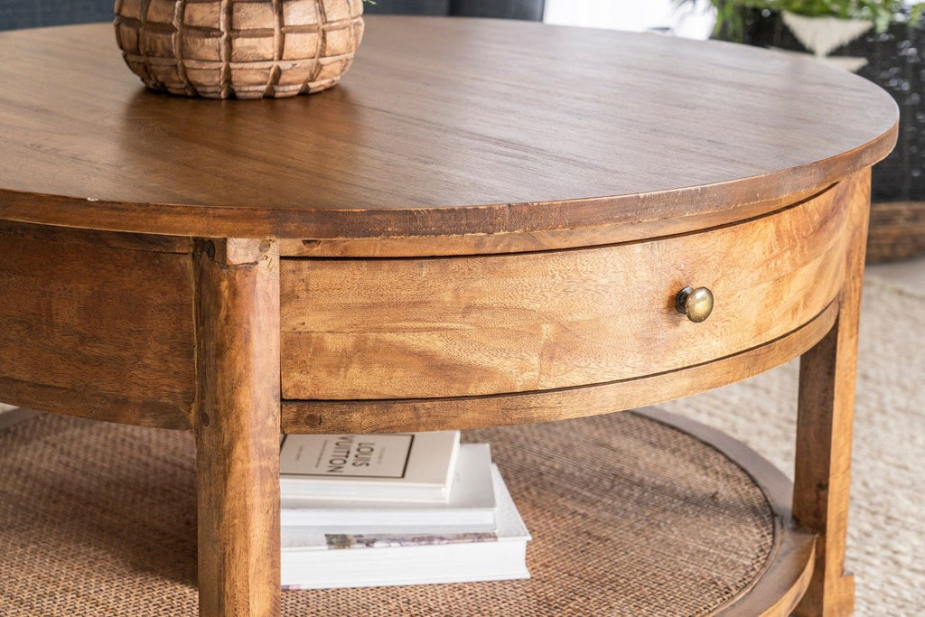 Rustic Mango Wood Round Coffee Table with Drawer and Shelf - Home Furniture Interiors