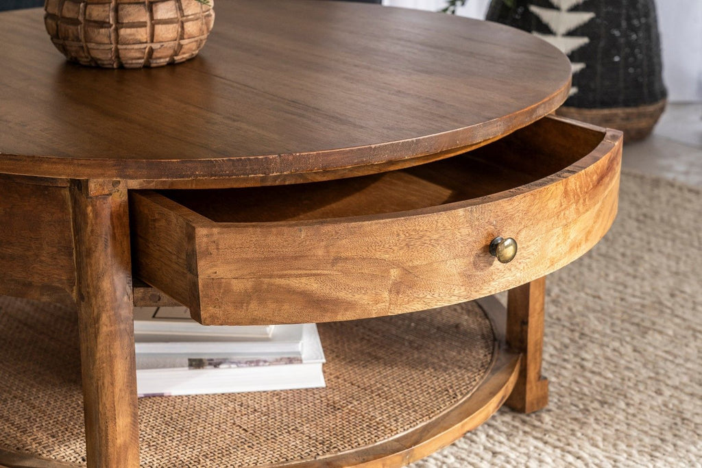Rustic Mango Wood Round Coffee Table with Drawer and Shelf - Home Furniture Interiors
