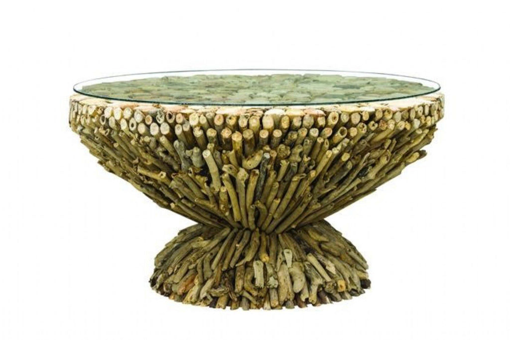 Rustic Style Driftwood Round Glass Top Coffee Table