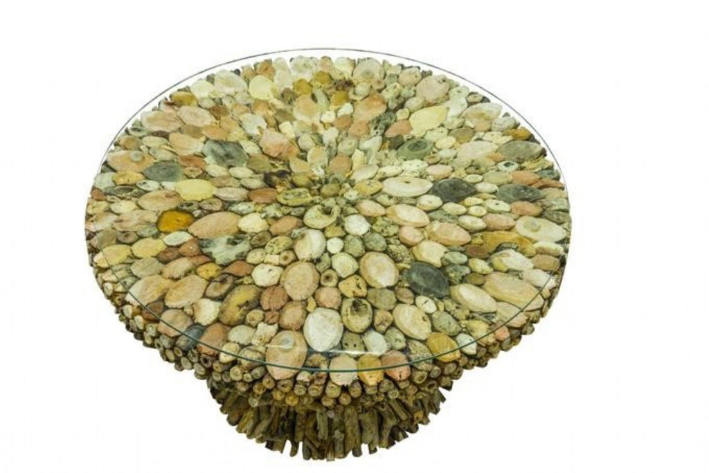 Rustic Style Driftwood Round Glass Top Coffee Table - Home Furniture Interiors