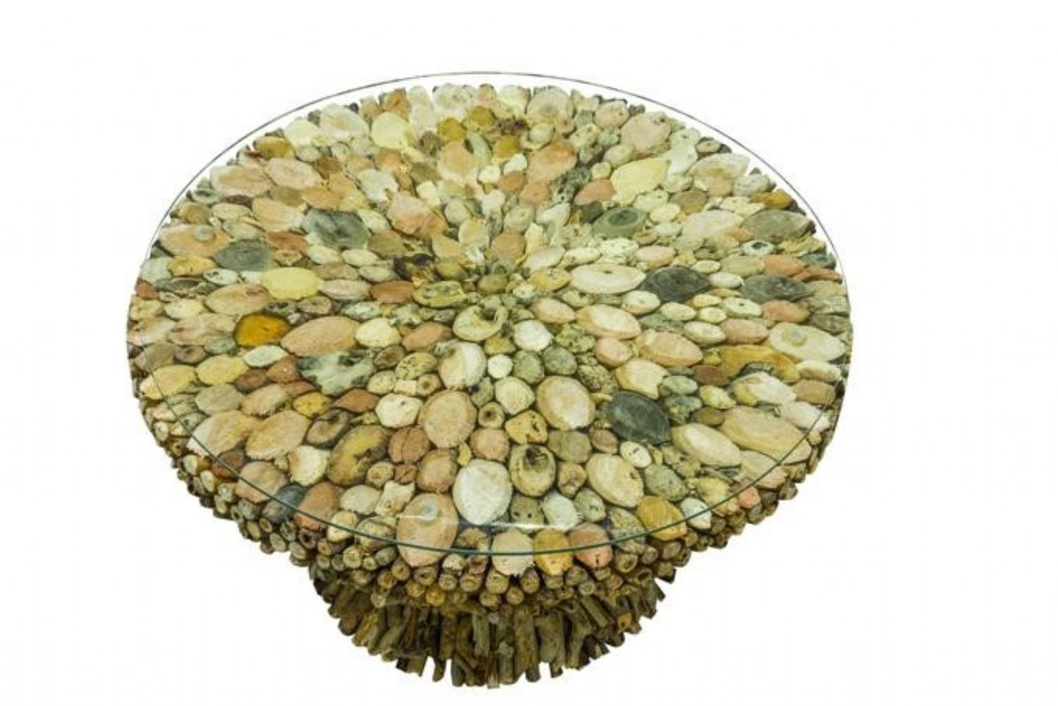 Rustic Style Driftwood Round Glass Top Coffee Table - Home Furniture Interiors