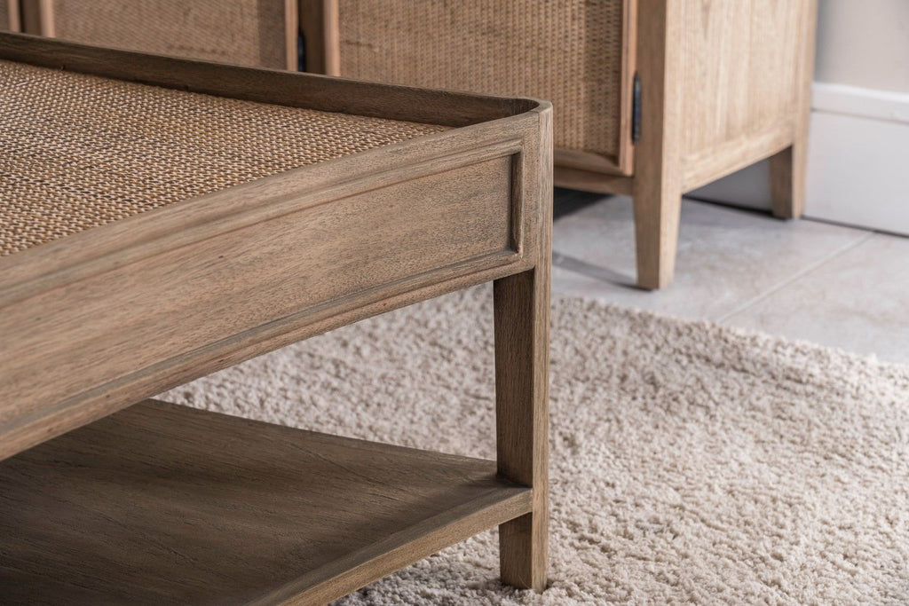 Rustic Style Oak Rattan Top Square Coffee Table with Shelf - Home Furniture Interiors