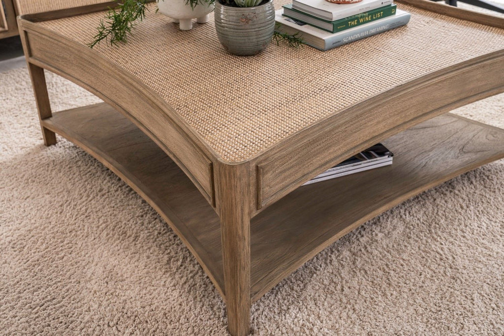 Rustic Style Oak Rattan Top Square Coffee Table with Shelf - Home Furniture Interiors