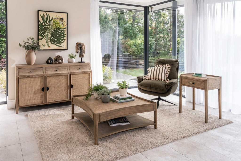 Rustic Style Oak Rattan Top Square Coffee Table with Shelf - Home Furniture Interiors
