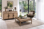 Rustic Style Oak Rattan Top Square Coffee Table with Shelf - Home Furniture Interiors