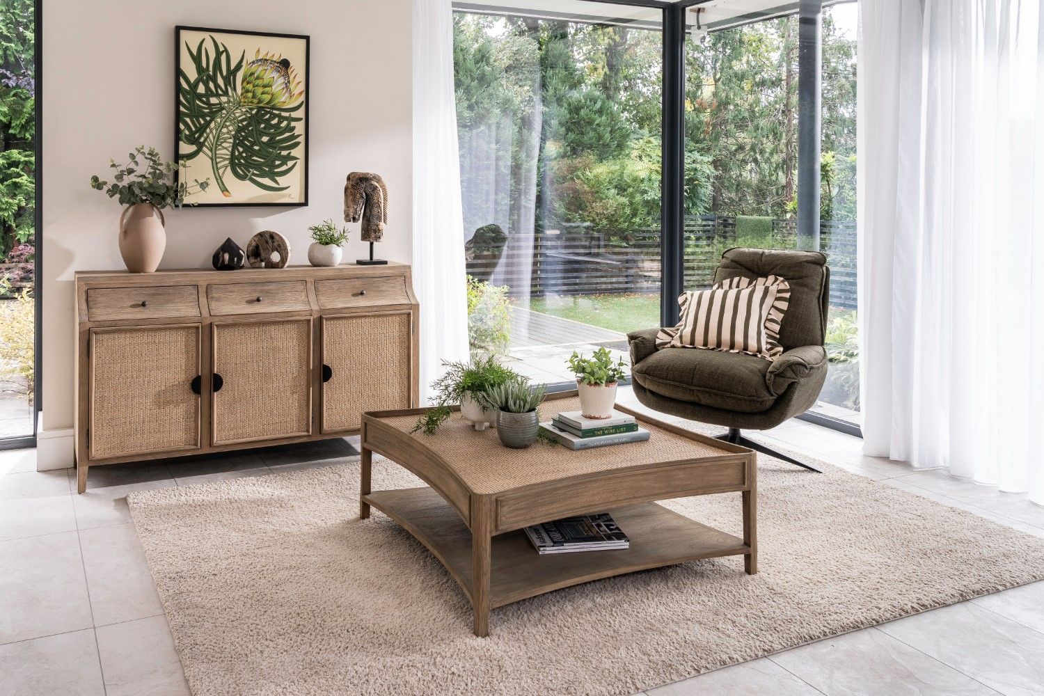 Rustic Style Oak Rattan Top Square Coffee Table with Shelf - Home Furniture Interiors