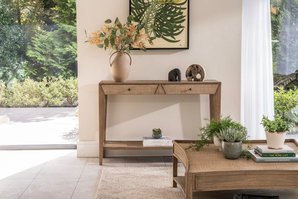 Rustic Style Oak Rattan Top Square Coffee Table with Shelf - Home Furniture Interiors