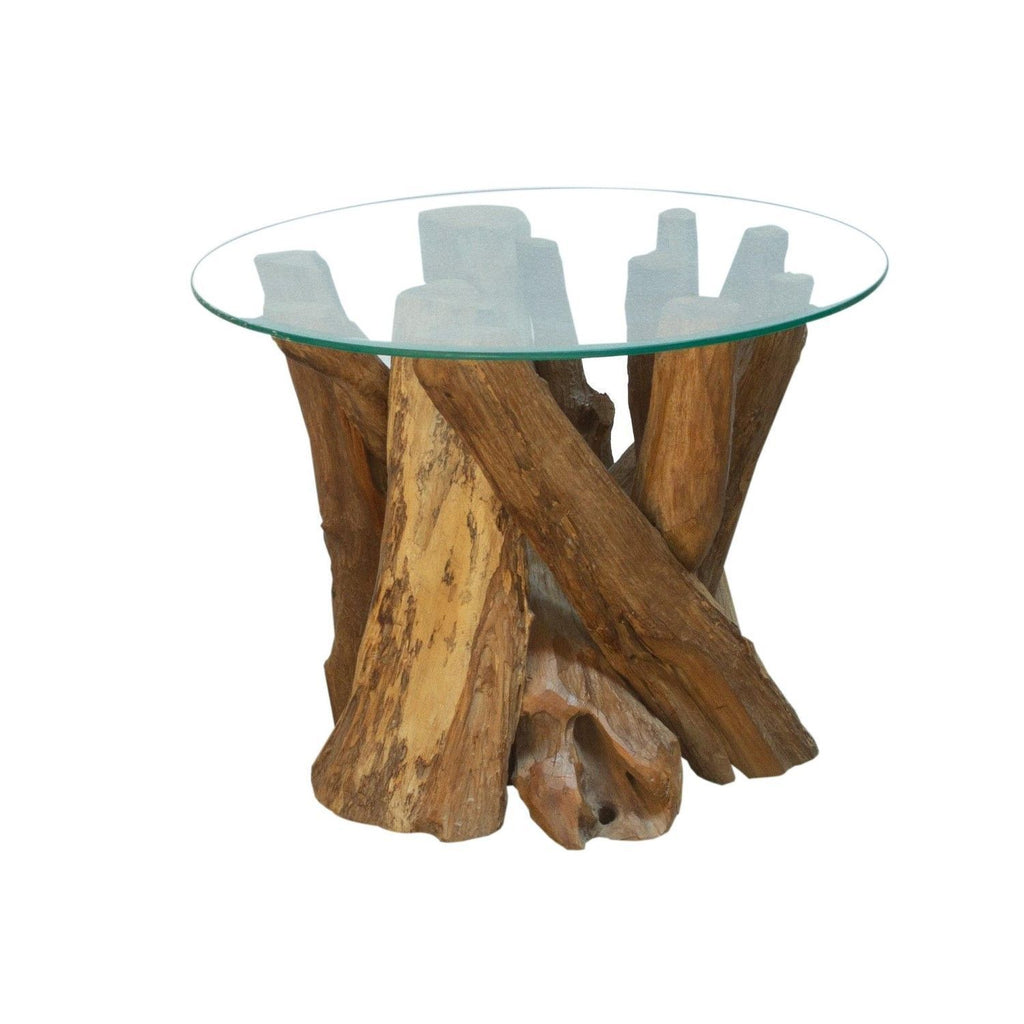 Rustic Teak Root Round Coffee Table with Tempered Glass Top