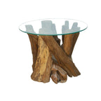 Rustic Teak Root Round Coffee Table with Tempered Glass Top