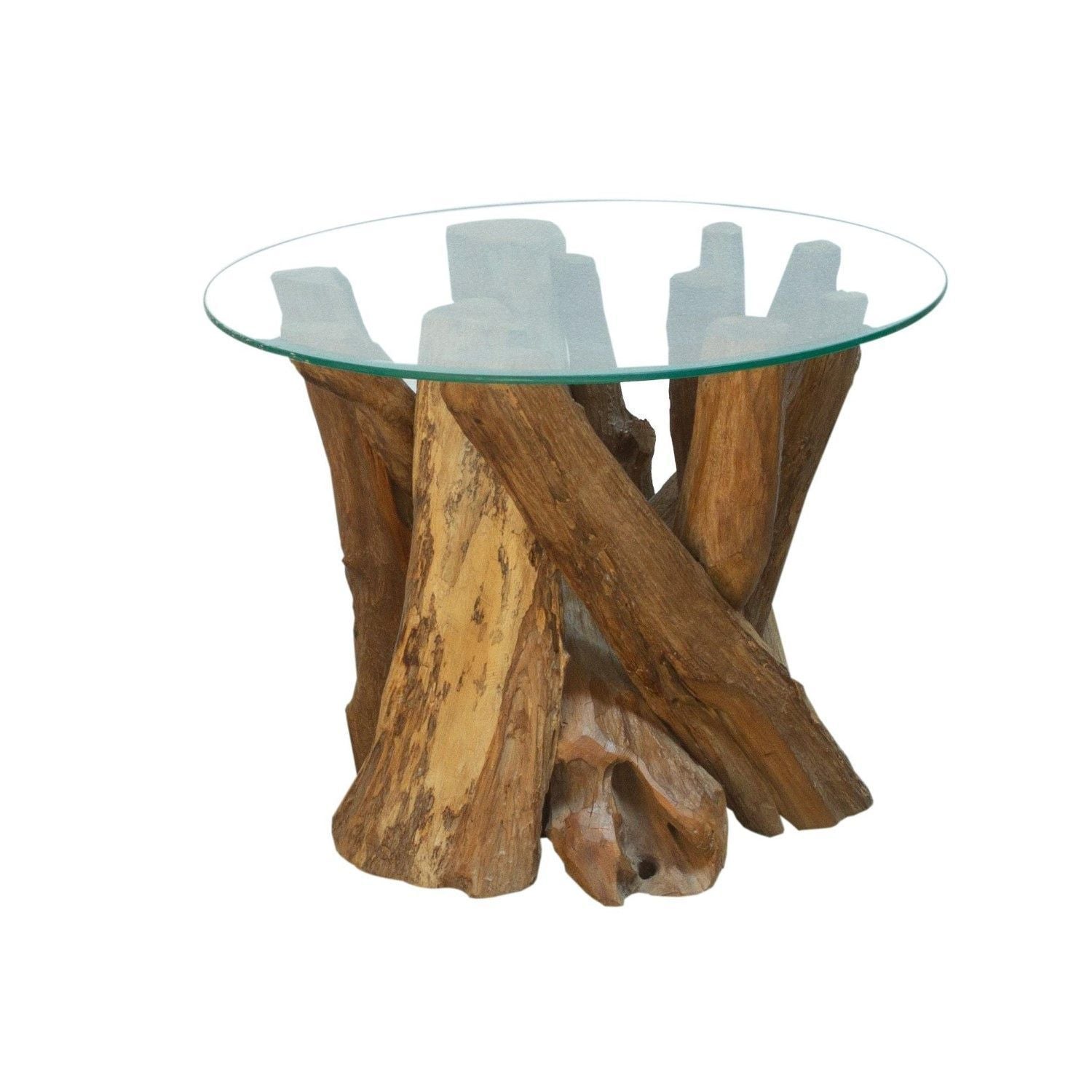 Rustic Teak Root Round Coffee Table with Tempered Glass Top