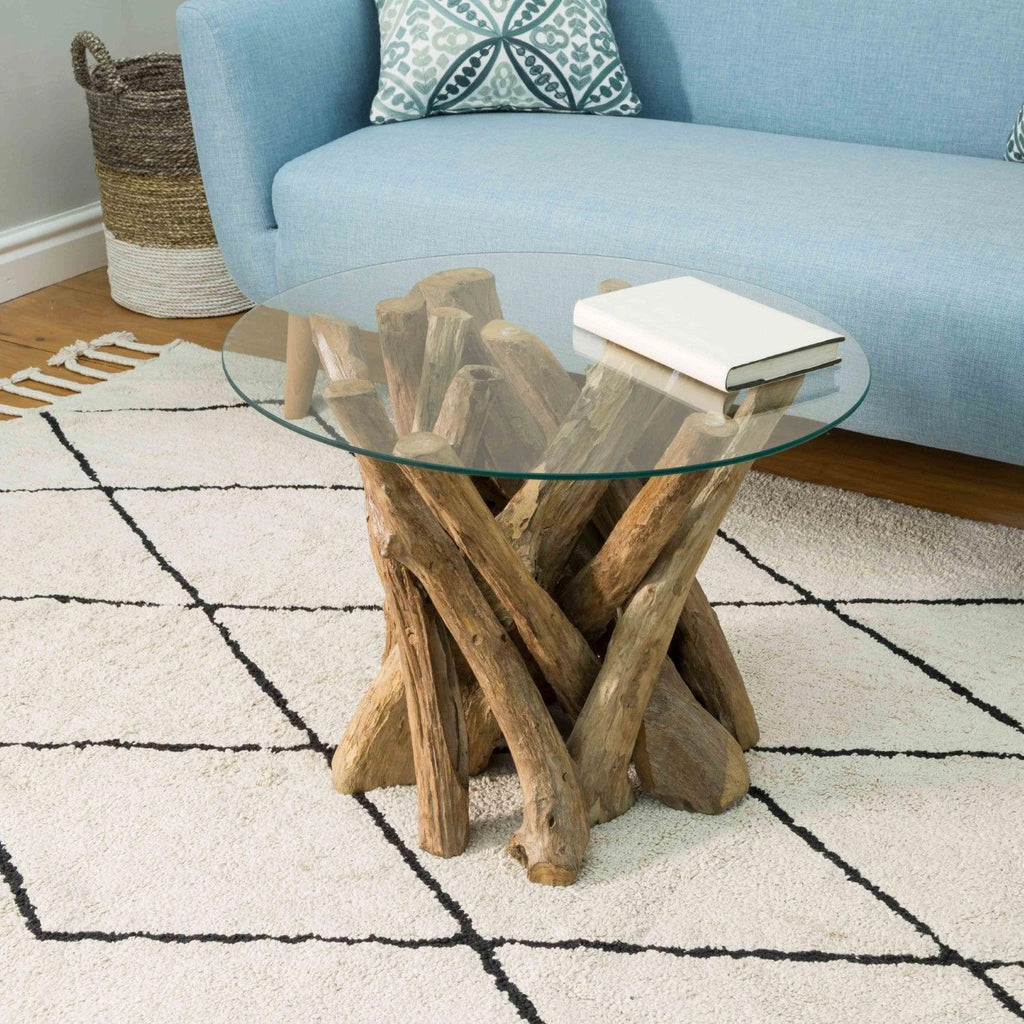 Rustic Teak Root Round Coffee Table with Tempered Glass Top - Home Furniture Interiors