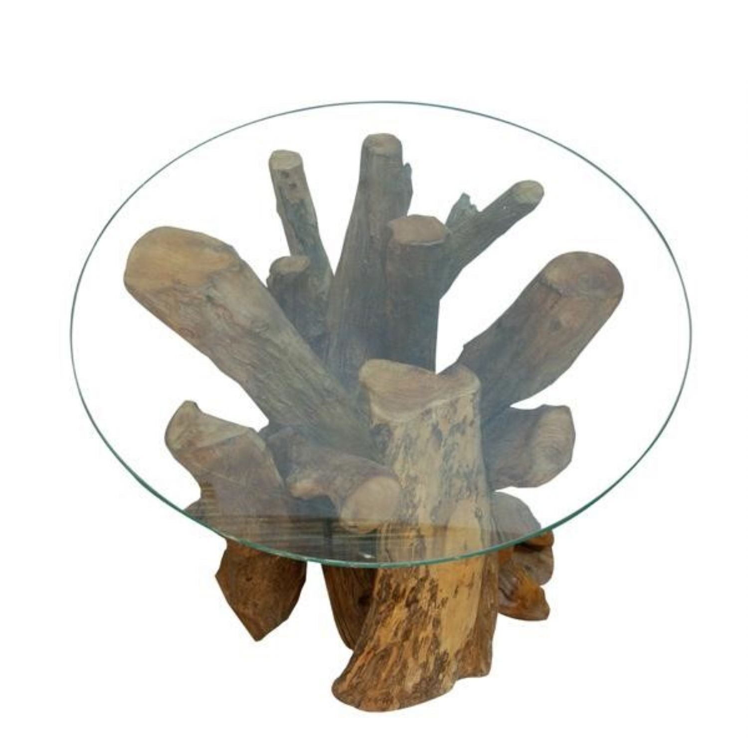 Rustic Teak Root Round Coffee Table with Tempered Glass Top - Home Furniture Interiors